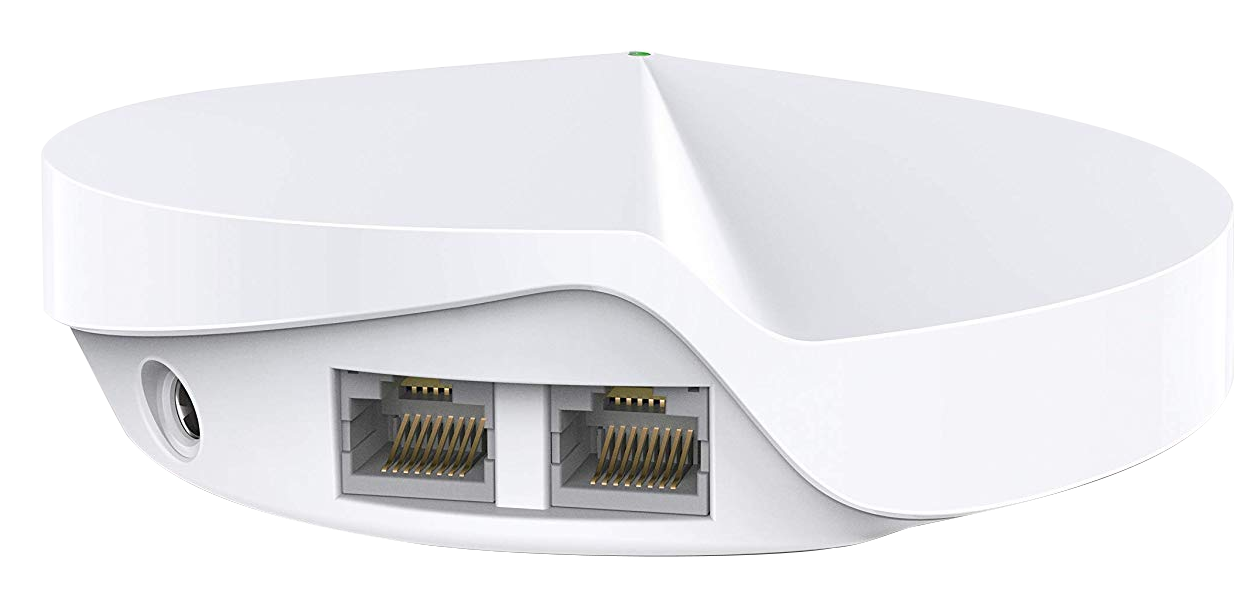 Fehér hálós WiFi router, két Ethernet porttal az alján.