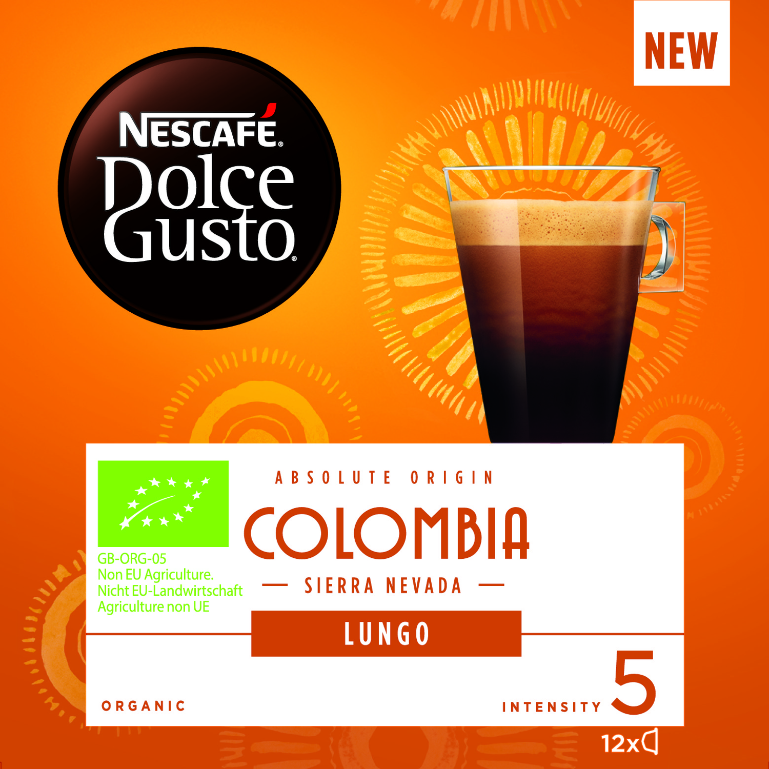 Boîte de dosettes de café Nescafe Dolce Gusto Colombia Lungo avec image de tasse à café.