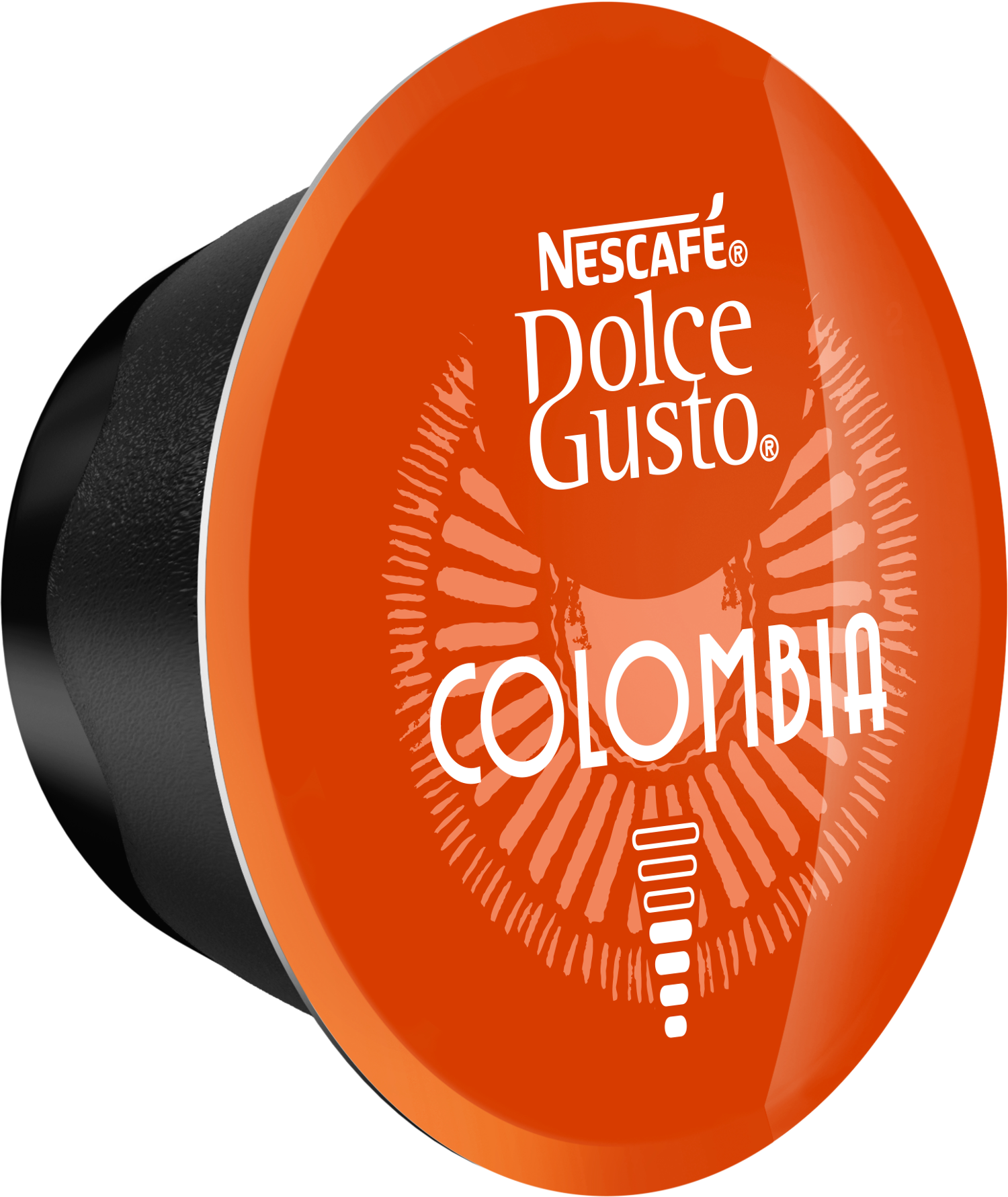 Capsule de café orange avec texte blanc : Nescafe Dolce Gusto, Colombie.