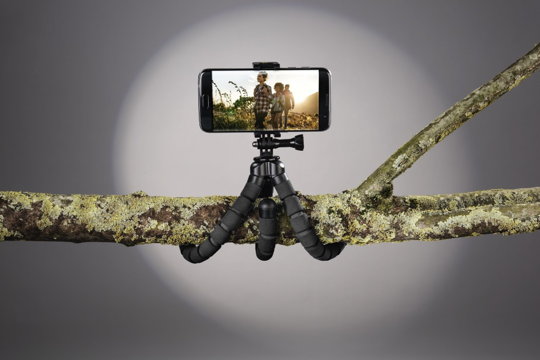 Ein Smartphone auf einem flexiblen Stativ an einem Ast befestigt. Auf dem Bildschirm ist ein Foto von Personen zu sehen.