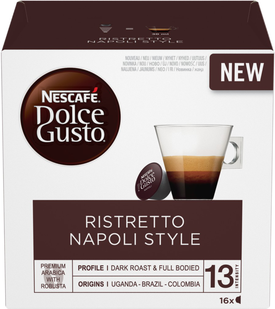 Capsule di caffè Nescafe Dolce Gusto Ristretto Napoli Style e scatola, con una tazza di vetro.