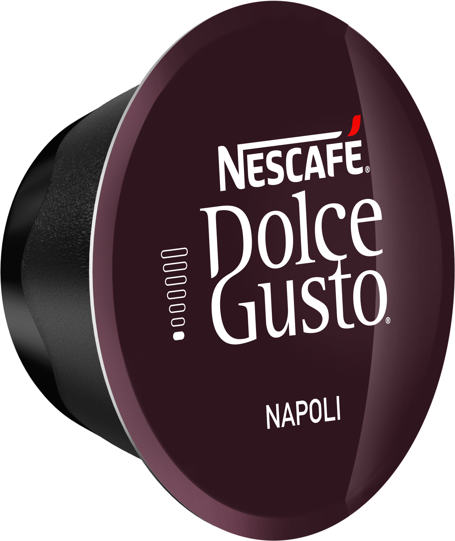 Cialda di caffè Nescafe Dolce Gusto Napoli, viola scuro, logo bianco, sezione nera.