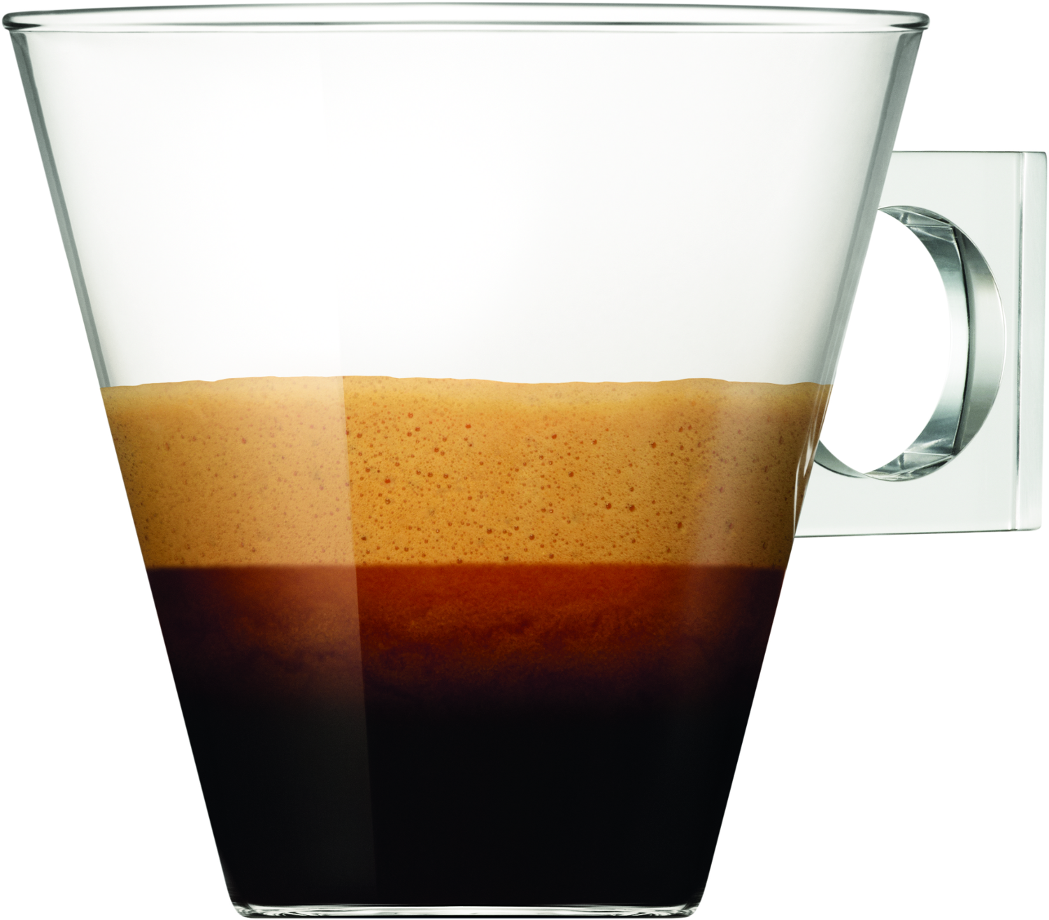 Una tazza da caffè in vetro trasparente con caffè e schiuma a strati, con manico quadrato.