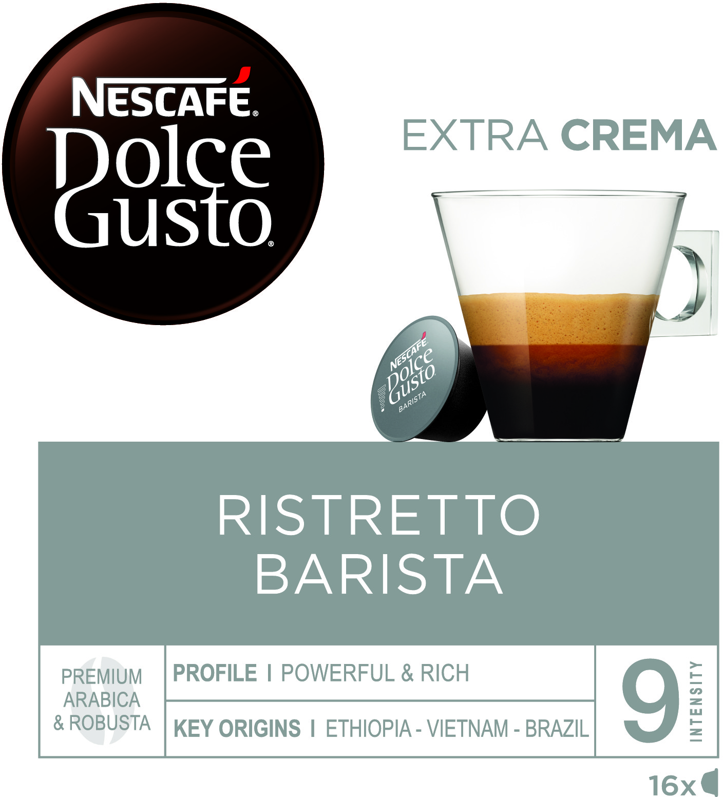Capsula di caffè Nescafe Dolce Gusto Ristretto Barista, bicchiere e logo su sfondo bianco.