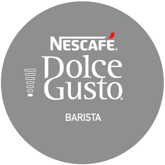 Una capsula di caffè grigia e rotonda Nescafé Dolce Gusto Barista. Ha un logo e un testo bianchi.