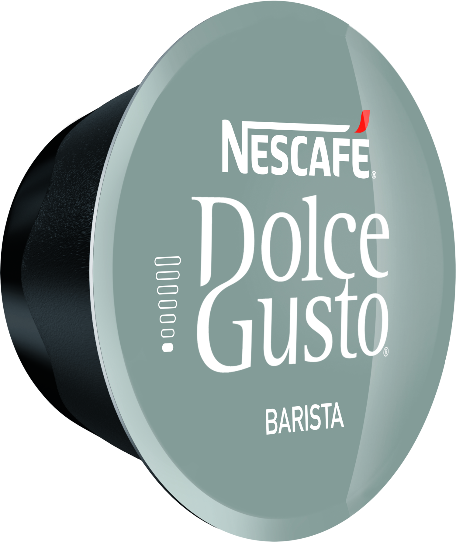 Una capsula di caffè Nescafé Dolce Gusto Barista, grigia con testo bianco sulla parte superiore.