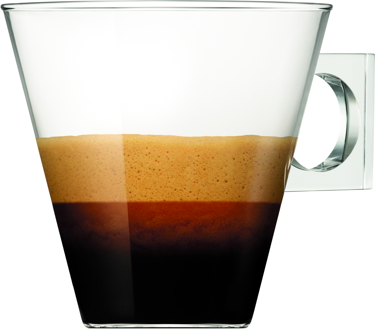 Tazza di vetro con caffè a strati, sfondo bianco.