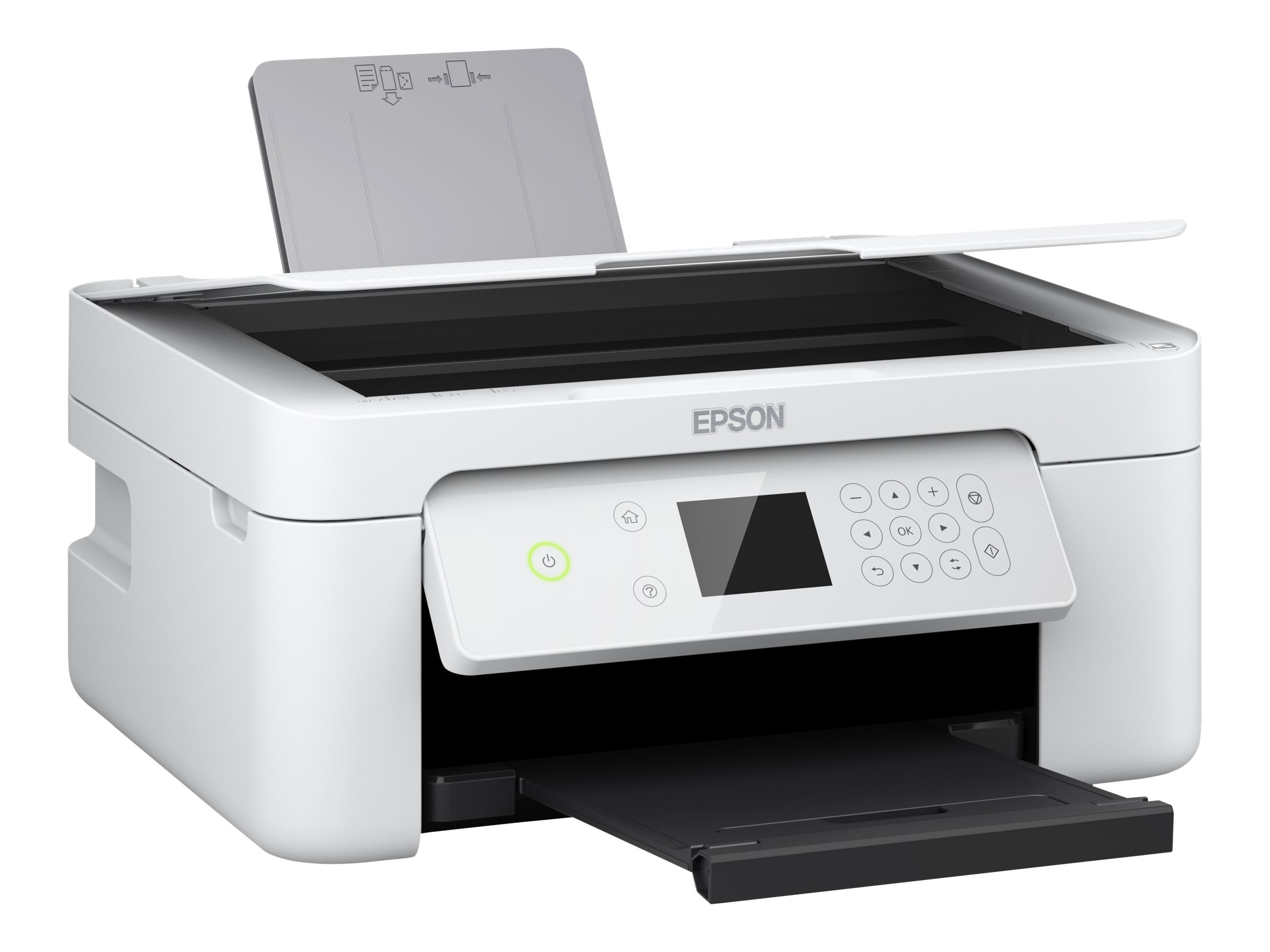 Ein moderner, weißer Epson Multifunktionsdrucker mit Bedienfeld, Display und ausgezogenen Papierfächern.