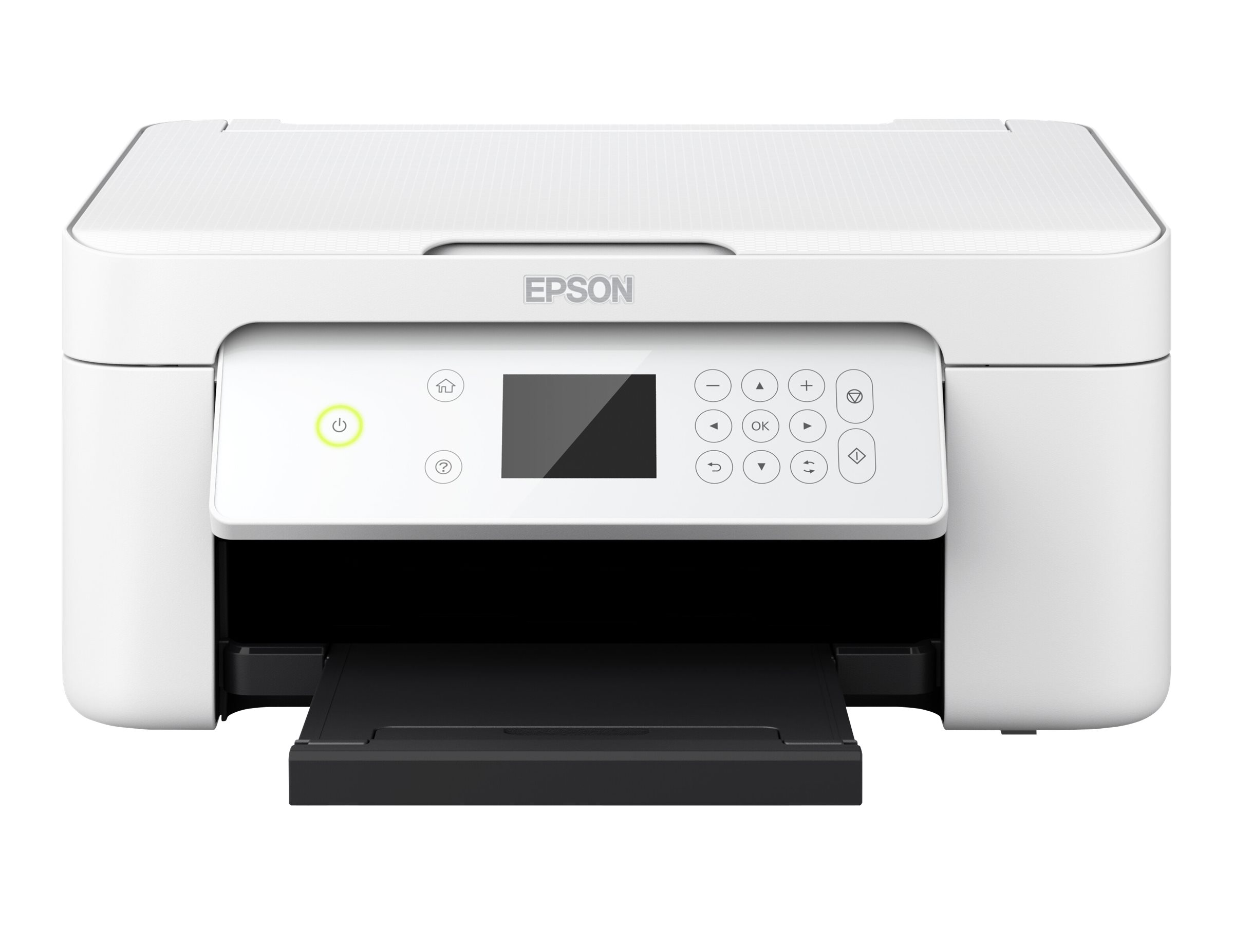 Ein weißer Epson-Drucker mit einem beleuchteten Ein-Knopf, einem Display und Bedientasten vorne.