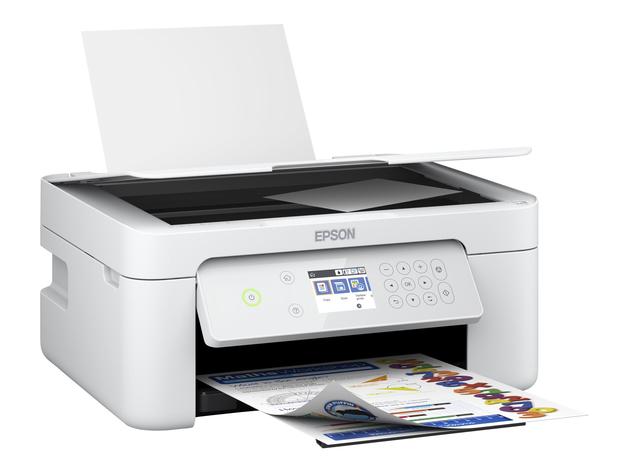 Ein weißer Epson-Multifunktionsdrucker druckt ein farbiges Mathe-Arbeitsblatt aus.