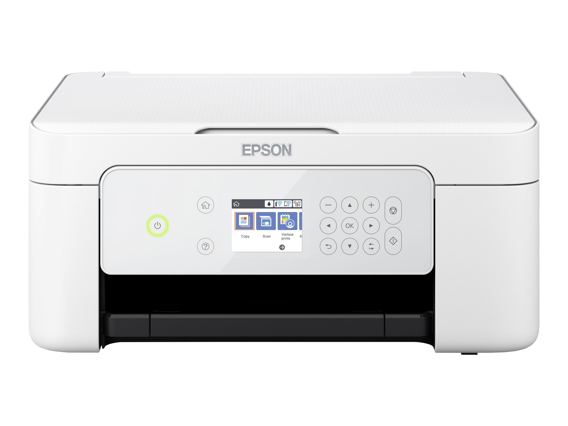 Ein weißer Epson-Drucker mit einem beleuchteten Bedienfeld und einem kleinen Bildschirm auf der Vorderseite.