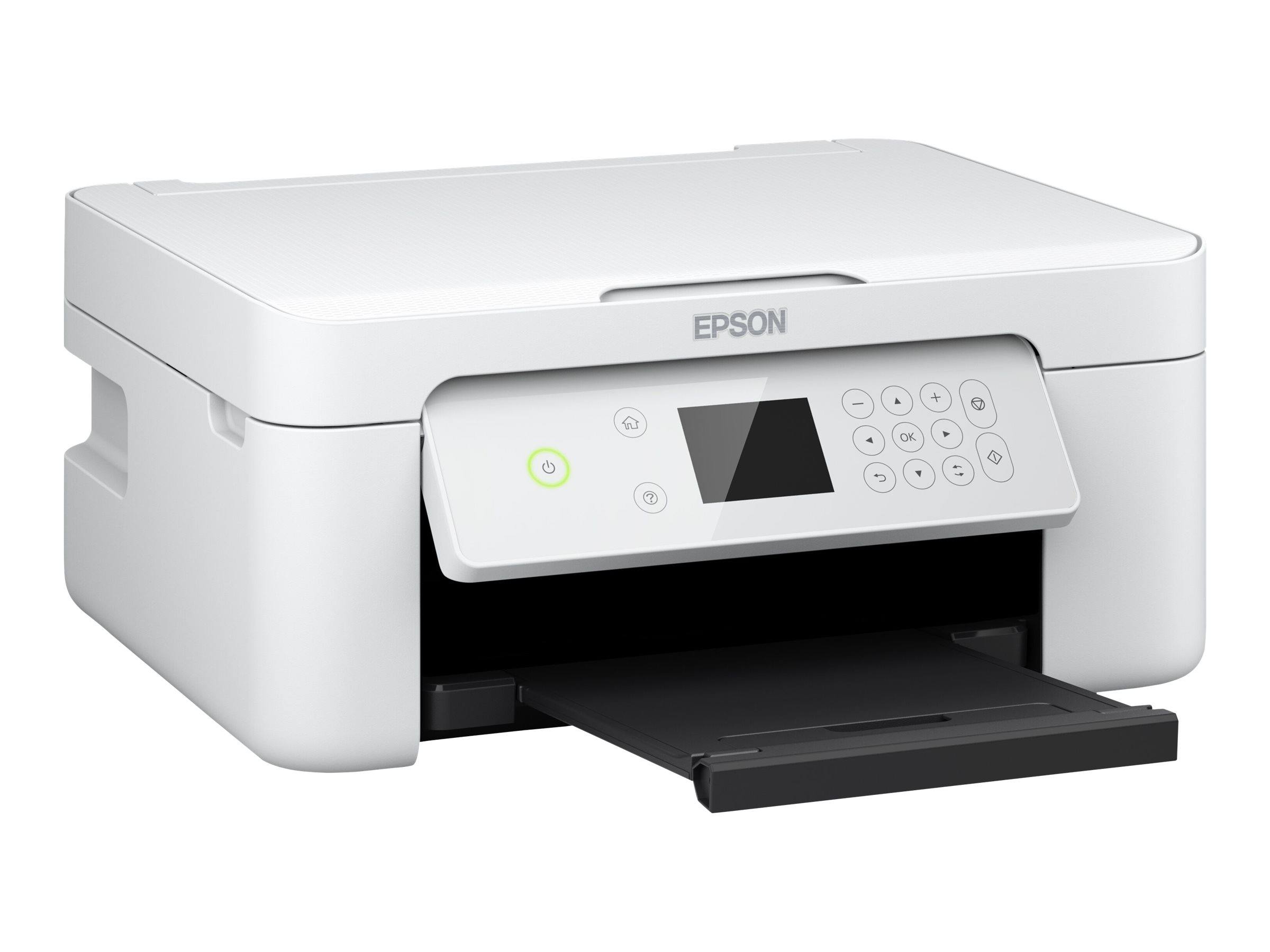 Ein weißer Epson Multifunktionsdrucker mit Bedienfeld und ausgeklapptem schwarzem Papierfach vor weißem Hintergrund.