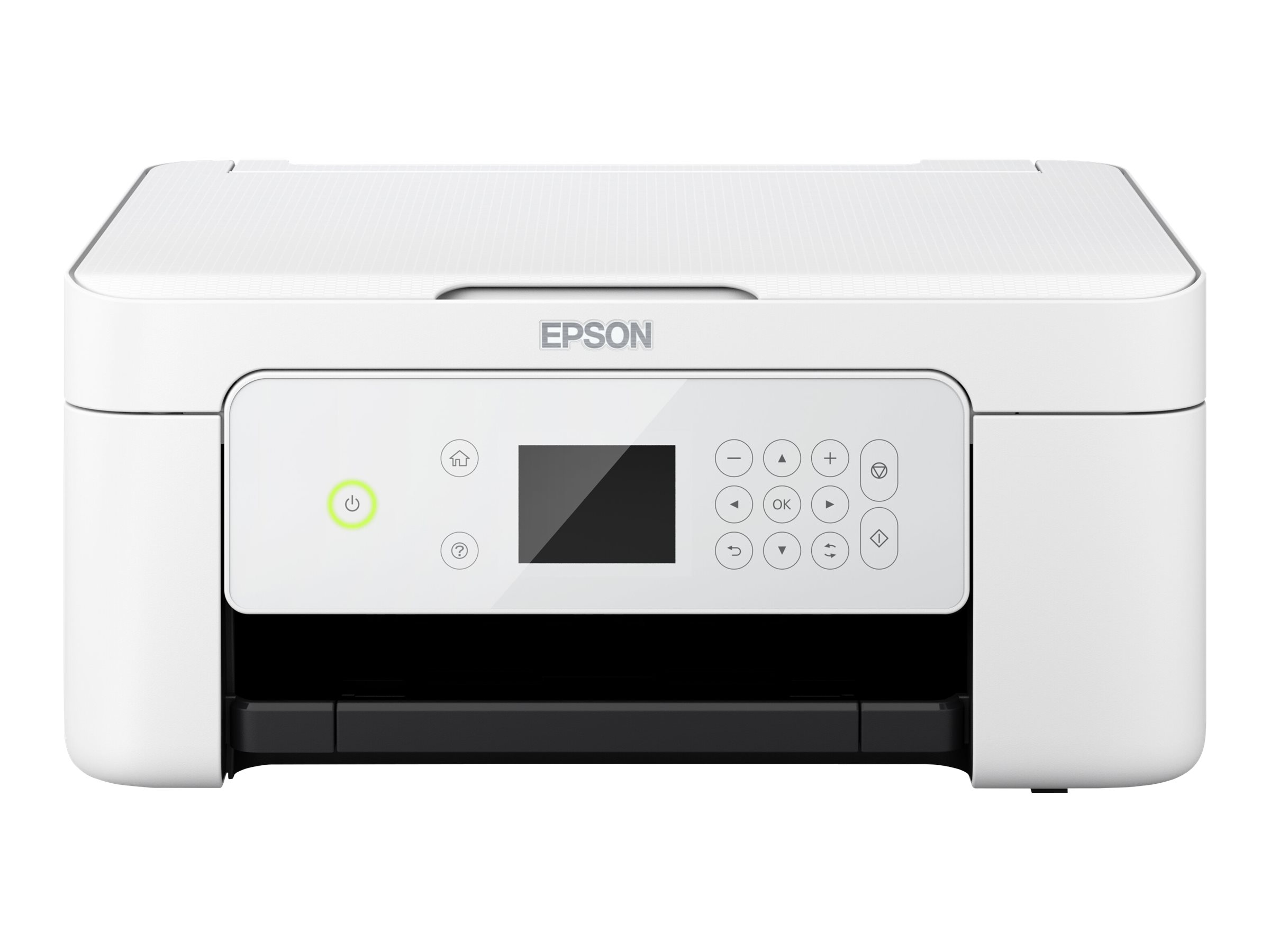 Ein weißer Epson-Multifunktionsdrucker mit Bedienfeld und Ein-Ausschalttaste auf der Vorderseite.