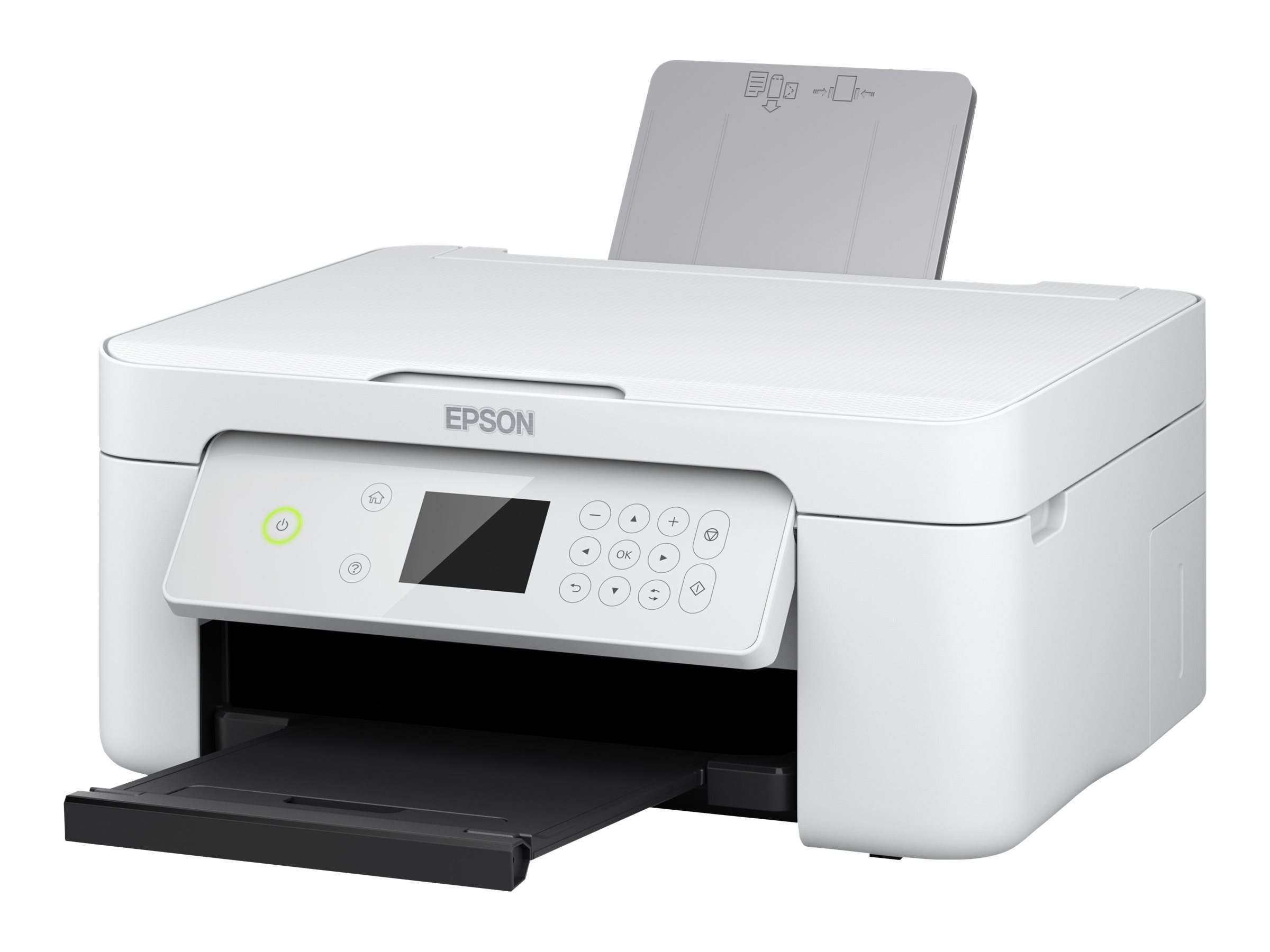 Ein weißer Epson-Multifunktionsdrucker mit einem Display und Tastenfeld auf der Vorderseite vor einem weißen Hintergrund.