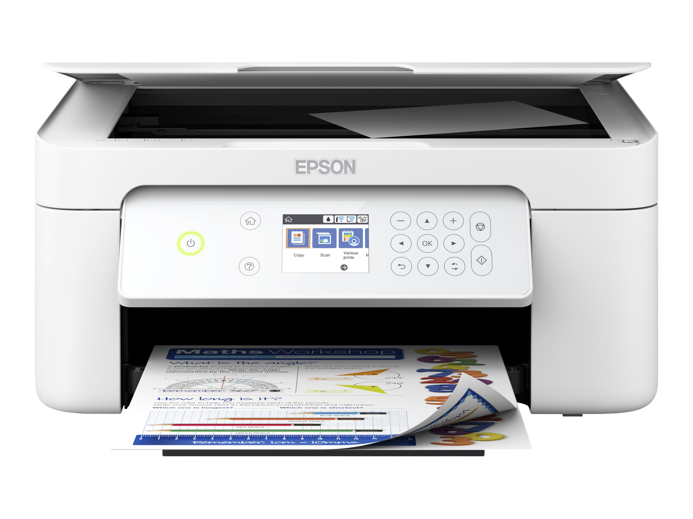 Ein weißer Epson-Drucker mit offenem Deckel, Bedienfeld und einem farbigen Dokument beim Drucken.