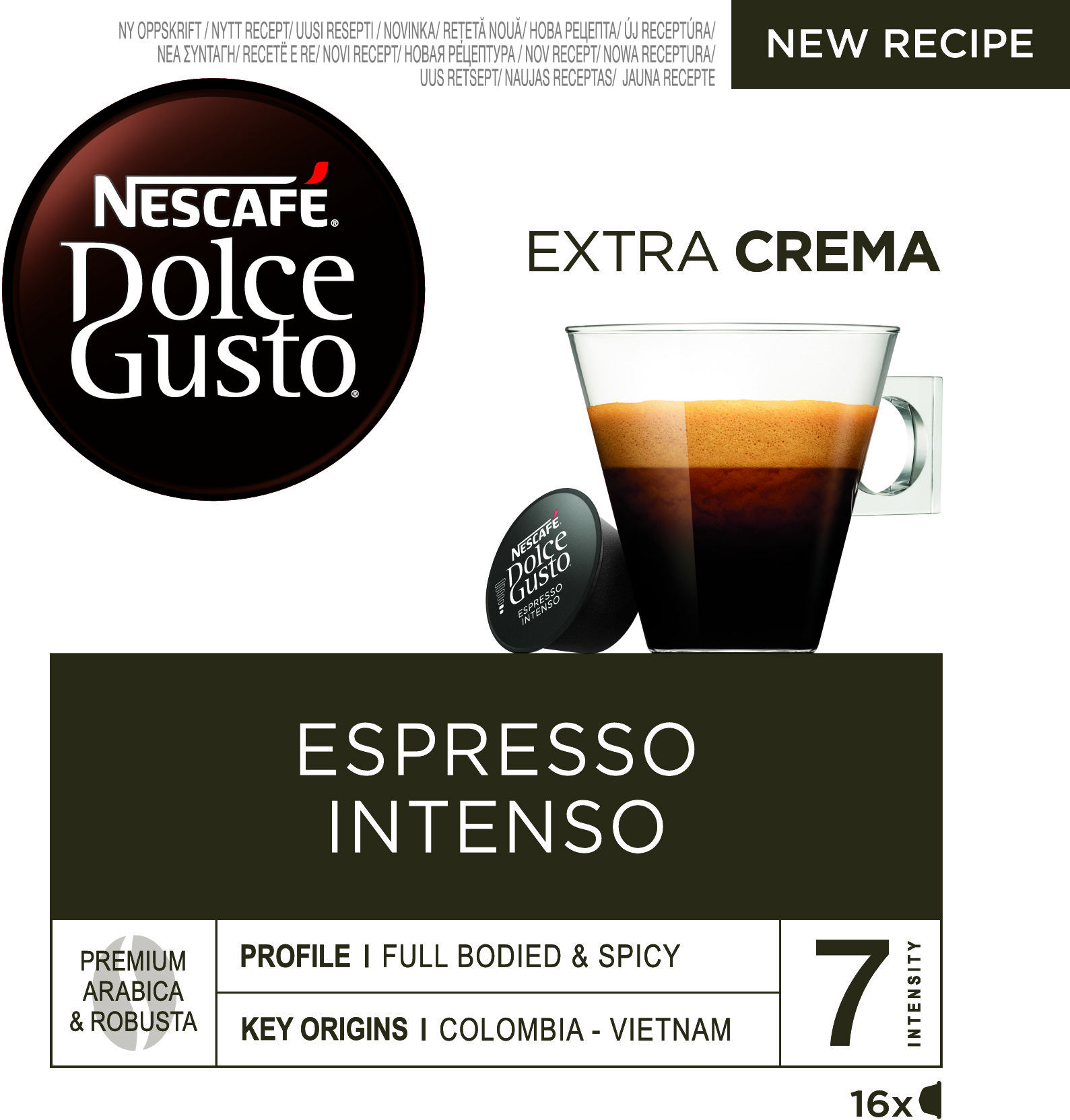 Nescafe Dolce Gusto Espresso Intenso con capsule e un bicchiere di caffè.