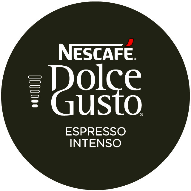 Capsula rotonda nera Nescafe Dolce Gusto. Con logo e scritta Espresso Intenso.
