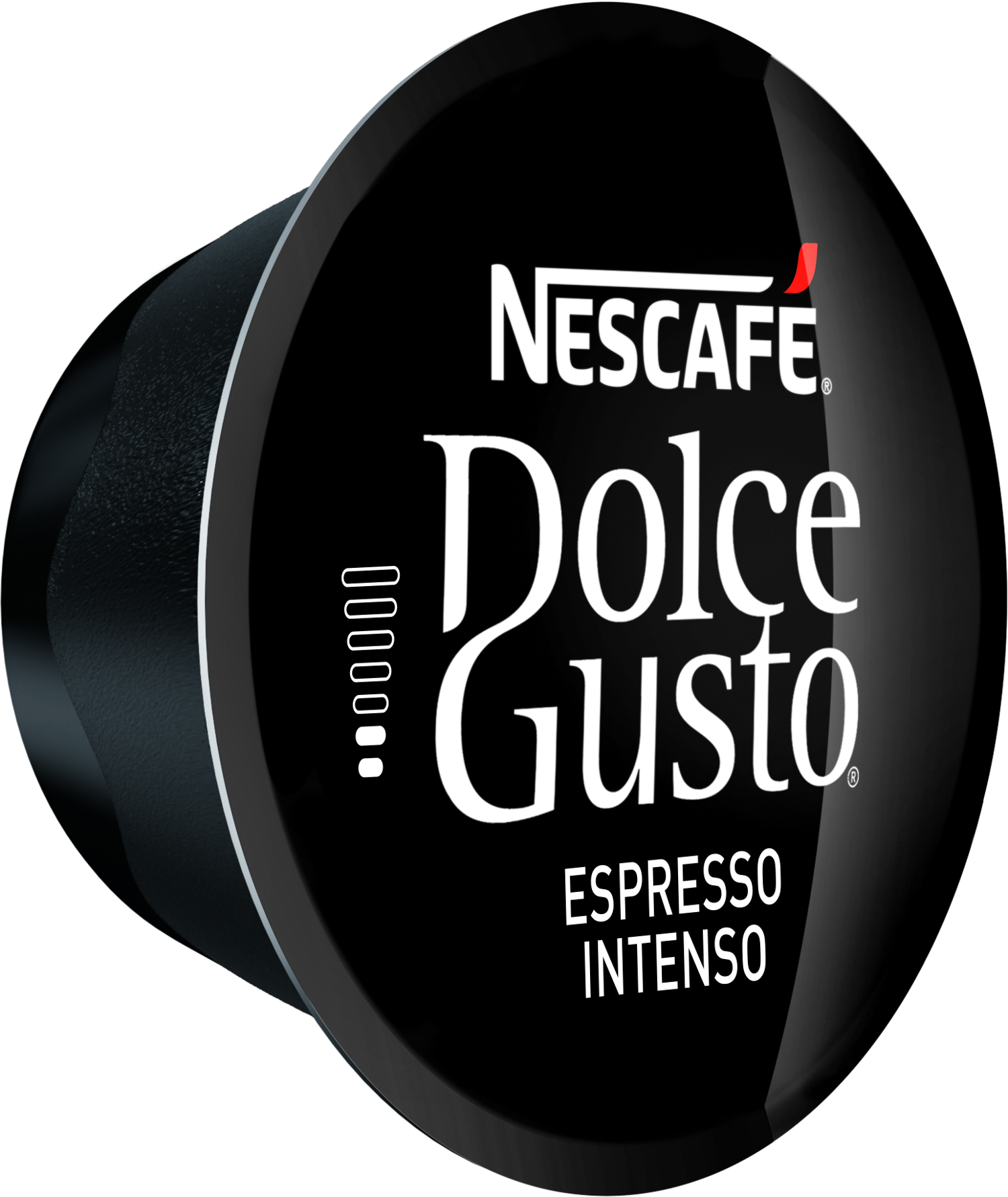 Capsula Dolce Gusto nera. Ha il marchio, con Espresso Intenso scritto sotto.