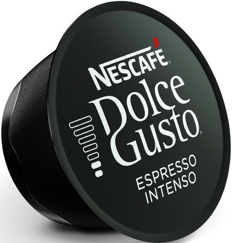 Cialda di caffè Nescafe Dolce Gusto Espresso Intenso, nera con testo bianco e punto rosso.
