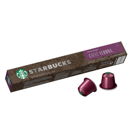 Eine Starbucks Caffe Verona Kaffeepad-Box mit zwei Pads und einem Blumendesign.