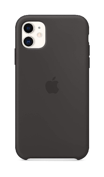 iPhone 11 negro con funda negra, mostrando lentes de cámara y el logo de Apple.