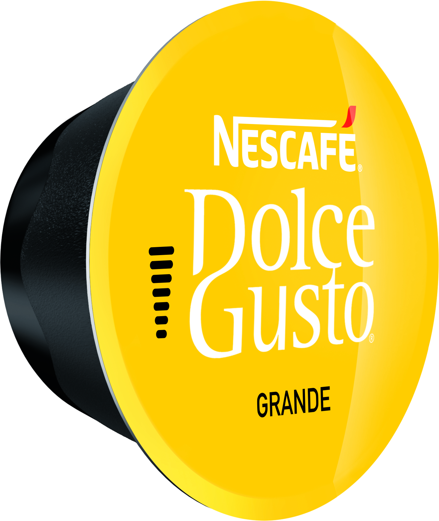 Une capsule de café Nescafe Dolce Gusto Grande, jaune avec des accents noirs et le logo de la marque.