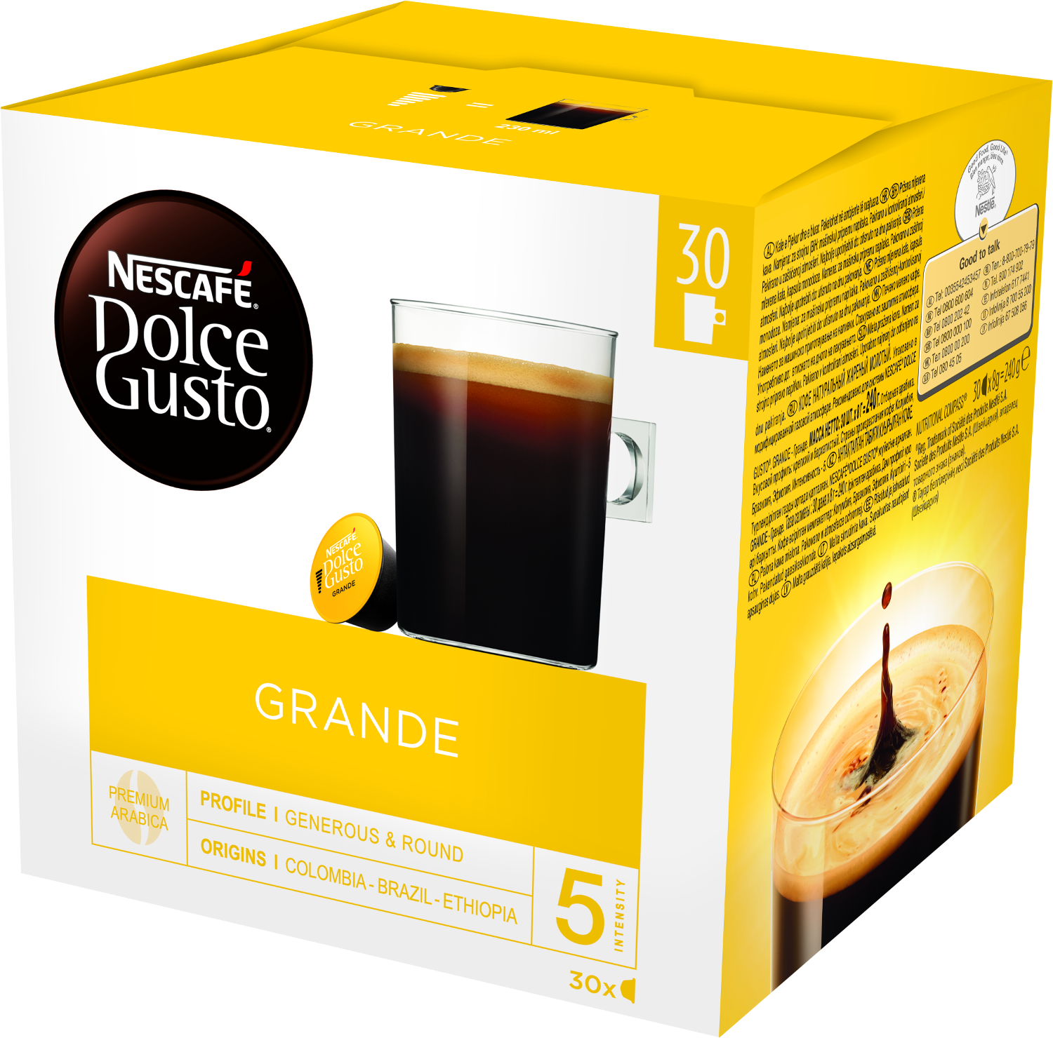 Boîte de dosettes de café Dolce Gusto avec image de tasse.