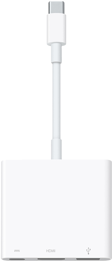 Un adaptateur HDMI blanc avec un connecteur USB et USB-C.