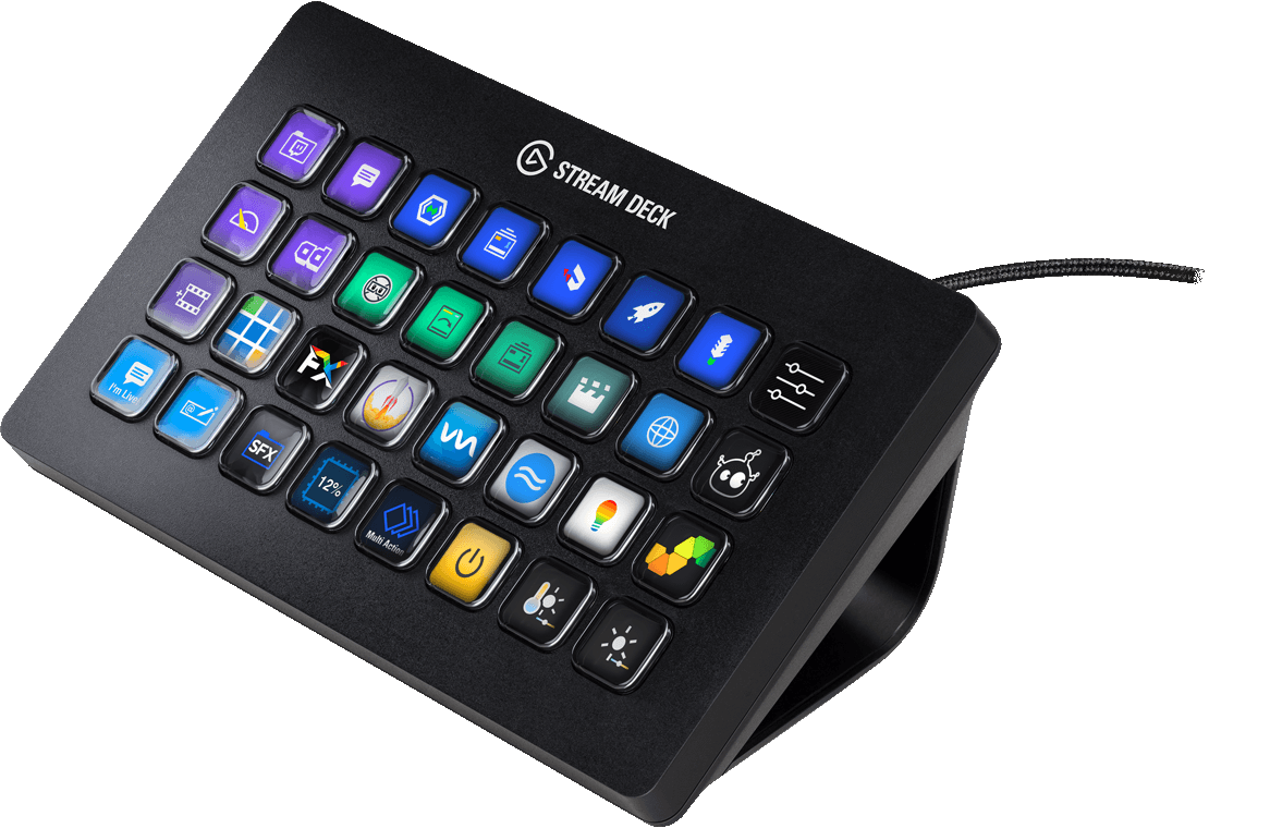 Schwarzes Stream Deck mit verschiedenen Buttons, auf schwarzer Oberfläche.