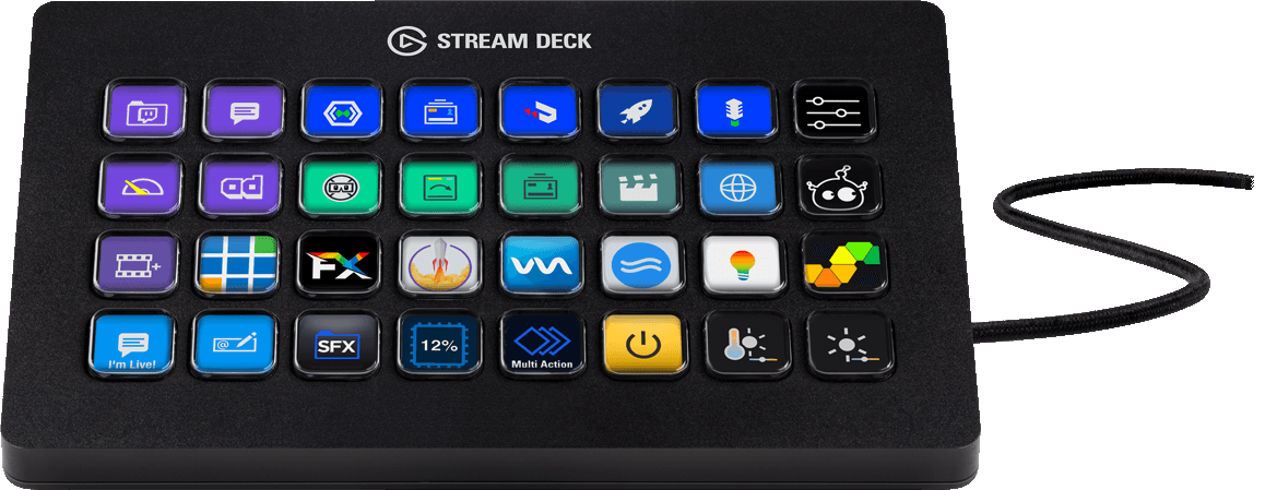Schwarzes Stream Deck mit mehreren bunten Schaltflächensymbolen. Symbole stellen Apps, Aktionen und Einstellungen dar.