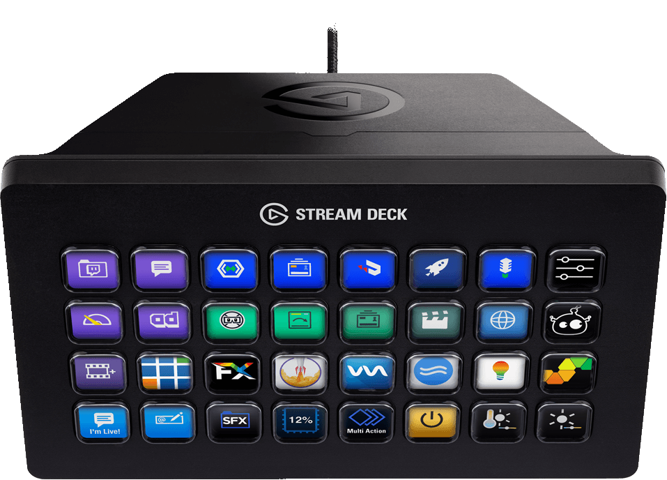 Schwarzes Stream Deck mit mehreren bunten Symbolen für Streaming.