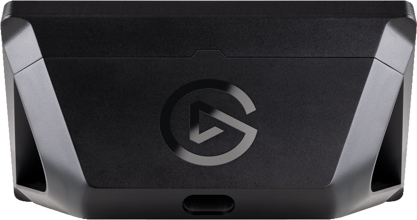 Schwarzes Gerät mit Elgato-Logo auf schwarzem Untergrund.