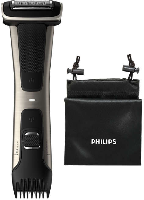 Tondeuse corporelle Philips. Design argenté et noir. Comprend une pochette noire. Divers réglages de taille.