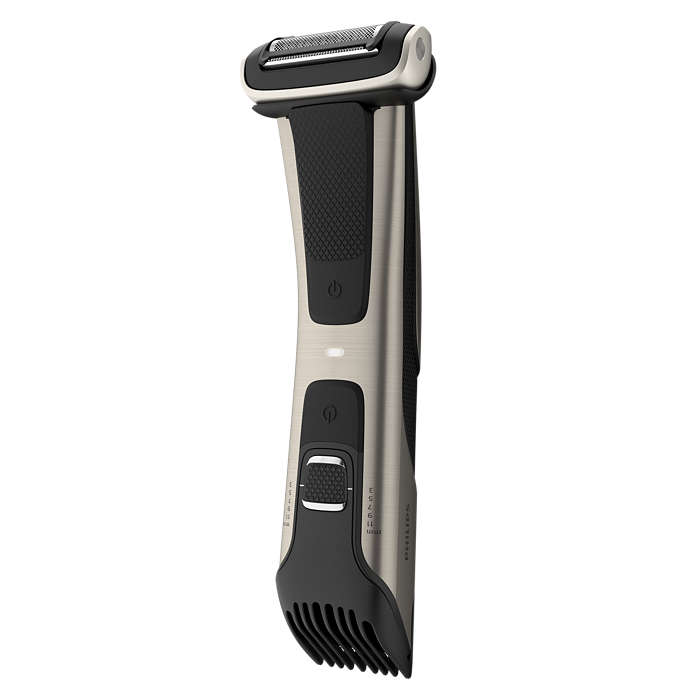 Tondeuse corporelle avec design noir et argent.