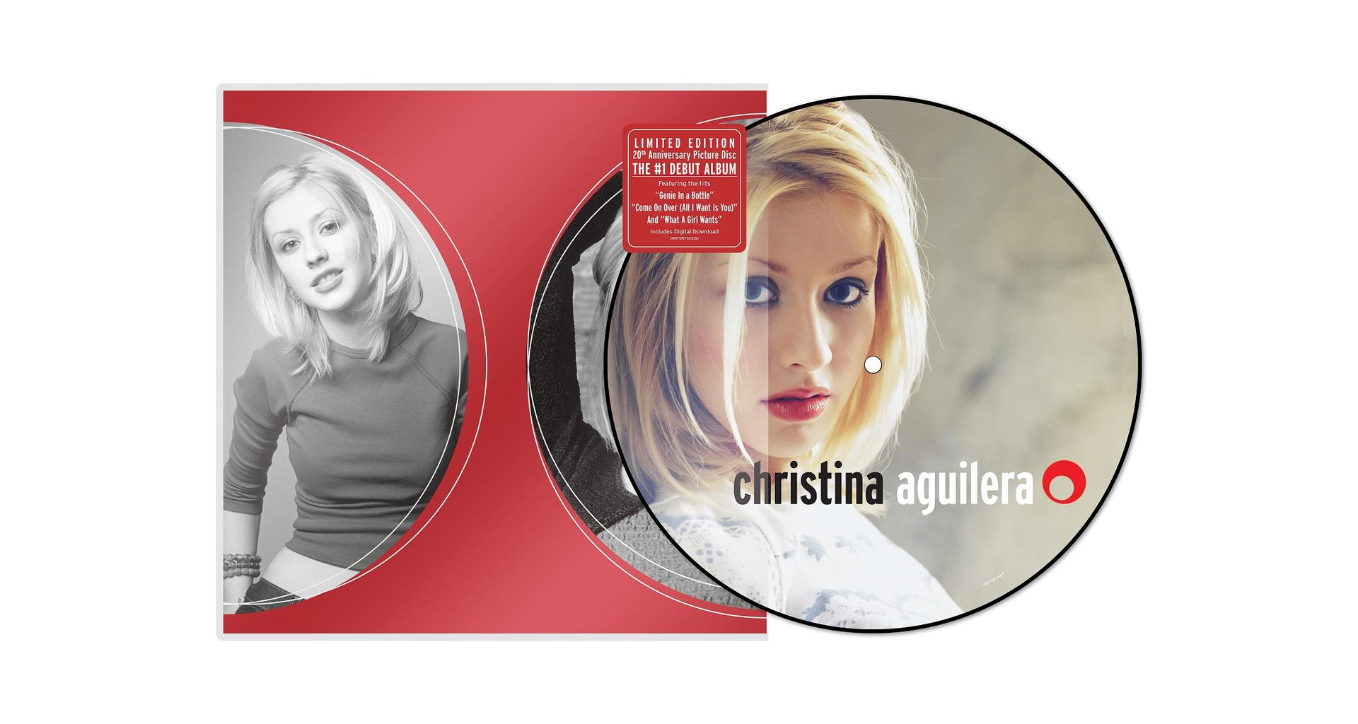 Christina Aguilera Album mit Foto von ihr und Text auf rotem Hintergrund.
