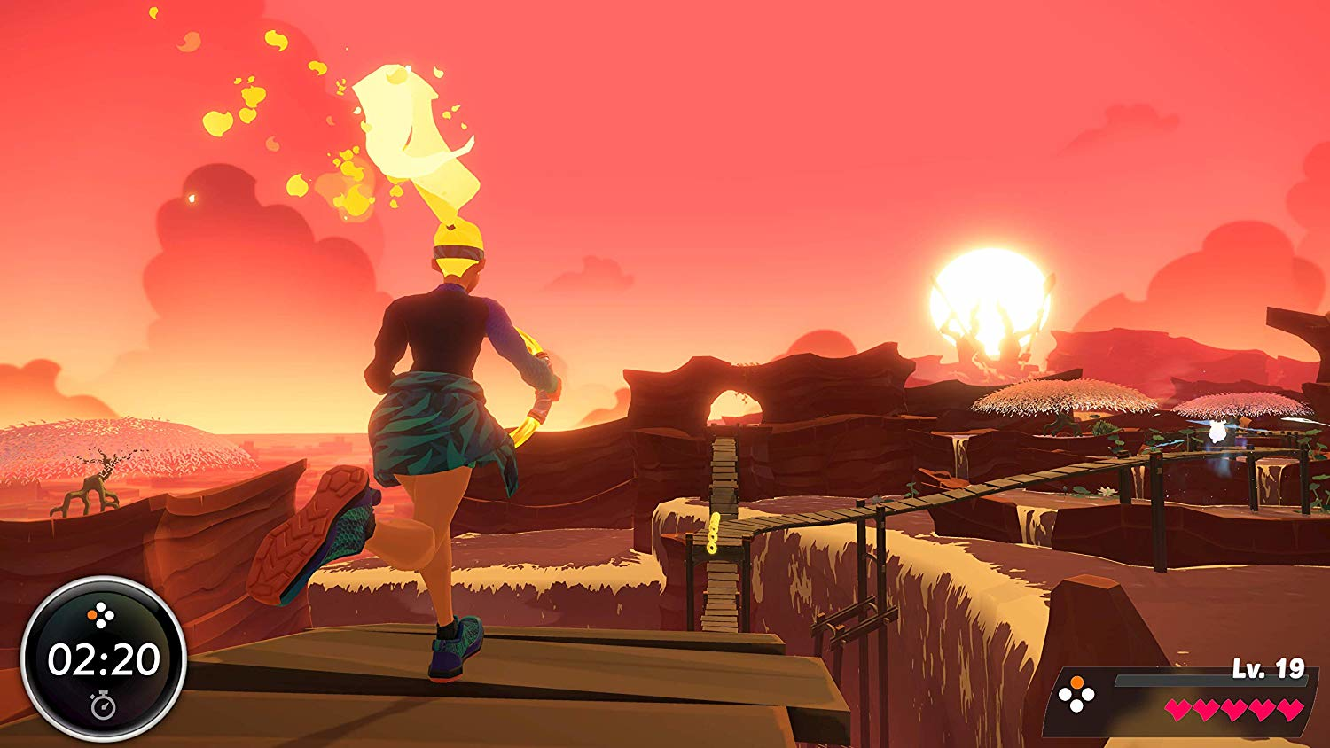 Ein rennender Avatar in einem Videospiel. Eine Sonnenuntergangsszene mit Plattformen.