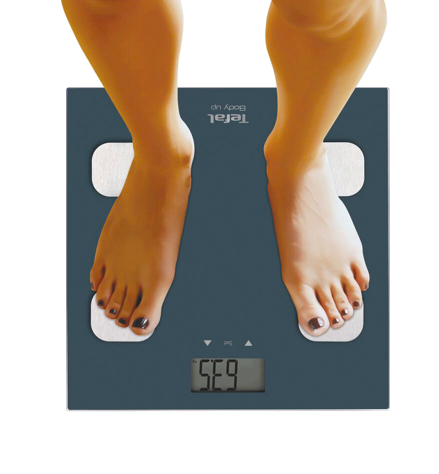 A person's feet on a blue Tefal body up scale. The display reads 63.5.