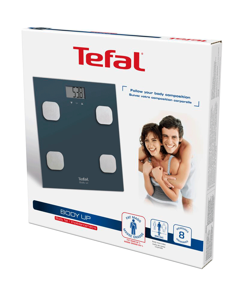Tefal body composition scale with digital display and box.