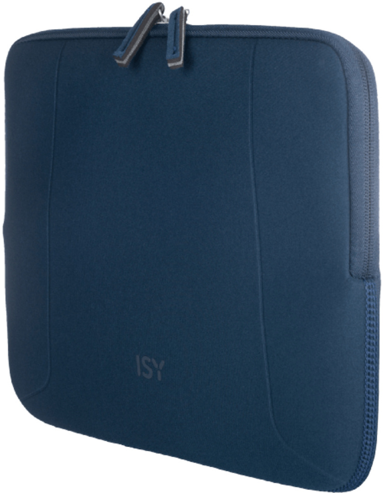 Marineblauwe laptoptas met rits en 'ISY' logo. Eenvoudig ontwerp.