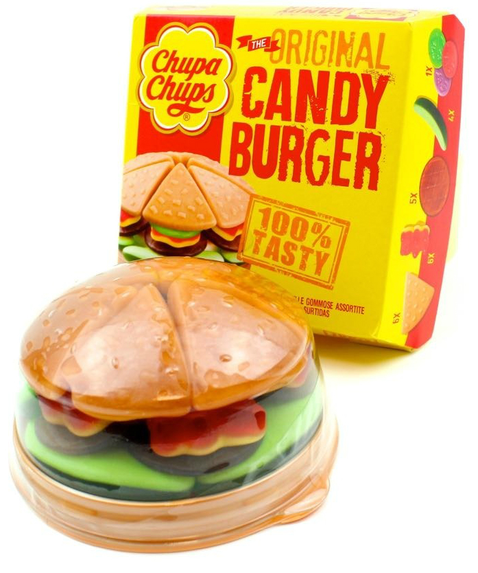 Una hamburguesa de caramelo Chupa Chups en estuche transparente. Caja amarilla muestra la hamburguesa.