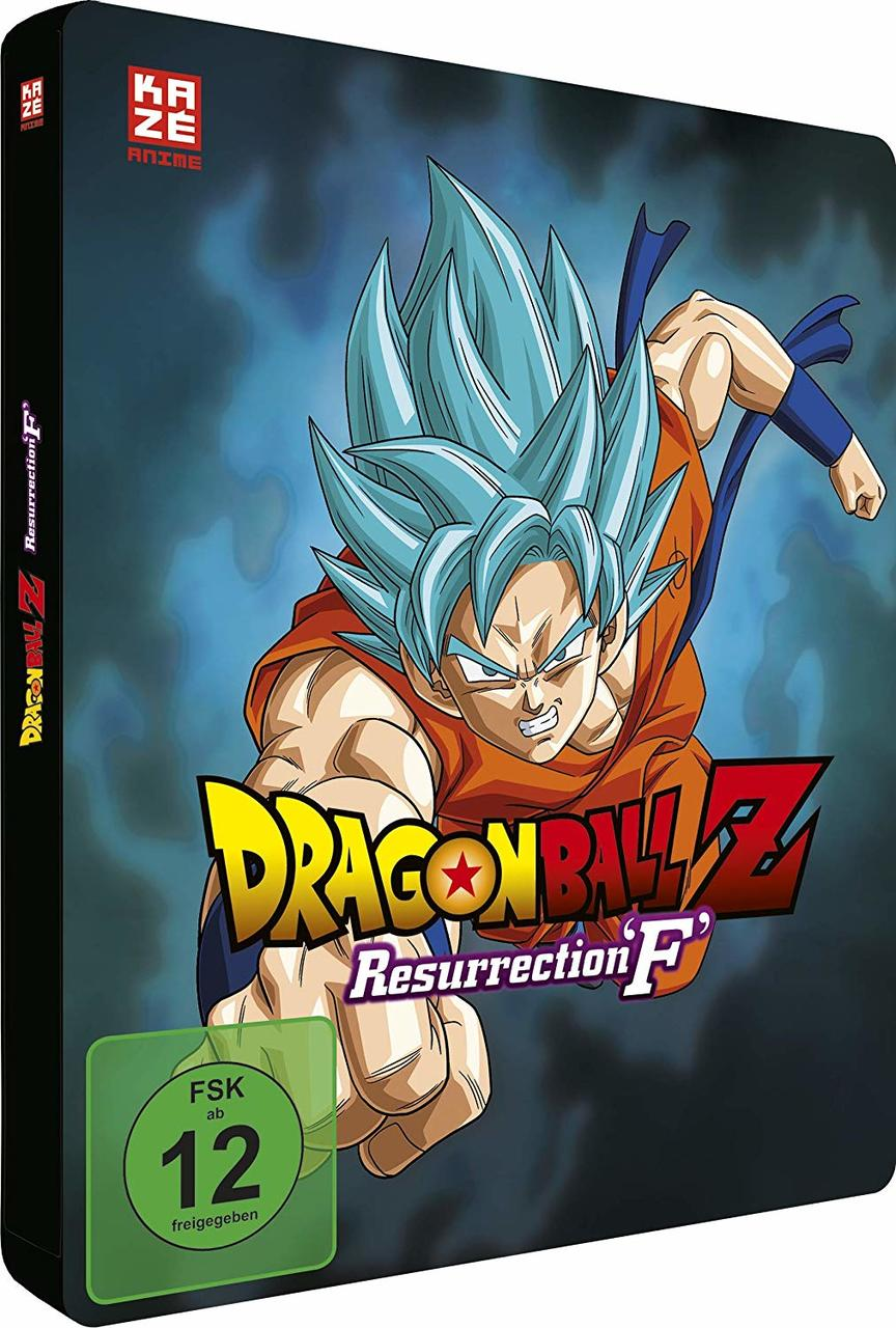 Dragon Ball Z: Resurrection F DVD-Cover mit Goku auf der Vorderseite. Blaue und orange Farben.