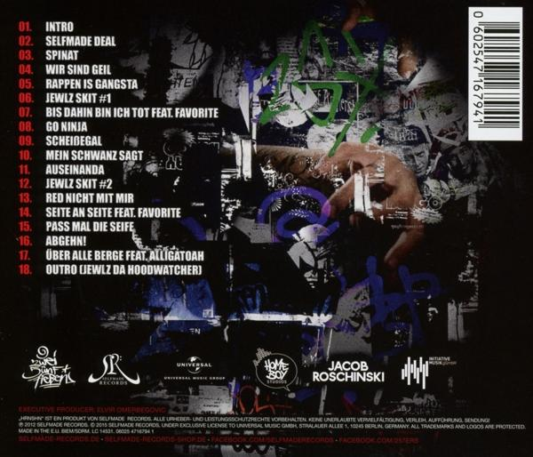CD-Cover mit Trackliste, Graffiti und einer Hand mit Tattoo.