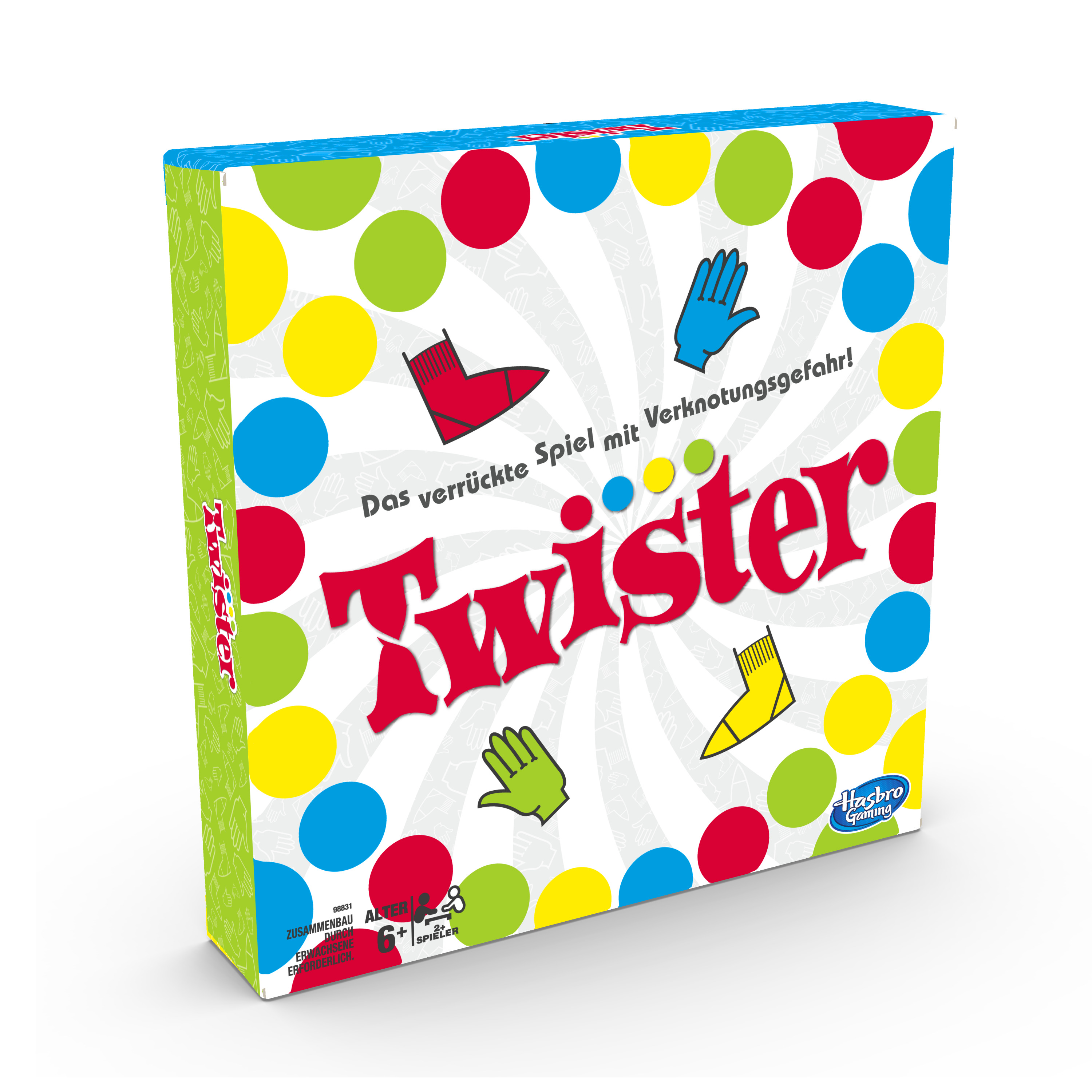 Twister-Spielbox mit bunten Kreisen, Hand- und Fußsymbolen und deutschem Text. Hasbro Gaming-Logo sichtbar.