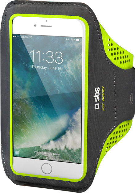 Brassard avec téléphone. Couleurs gris et vert néon.