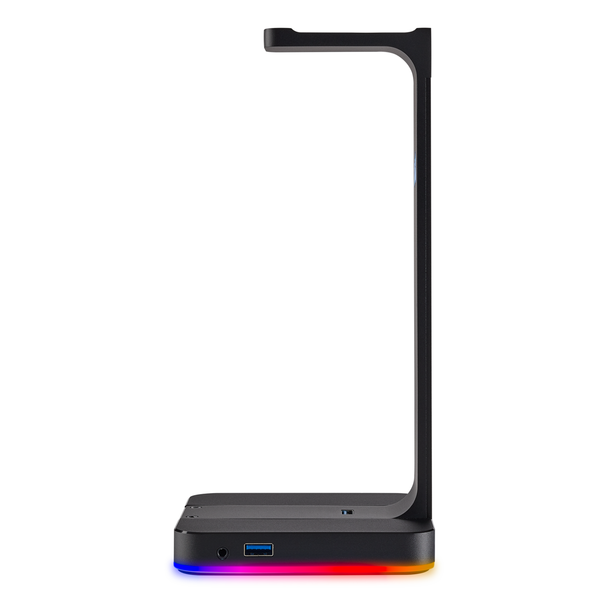 A black headphone stand with a colorful base and a USB port. It is on a black background.