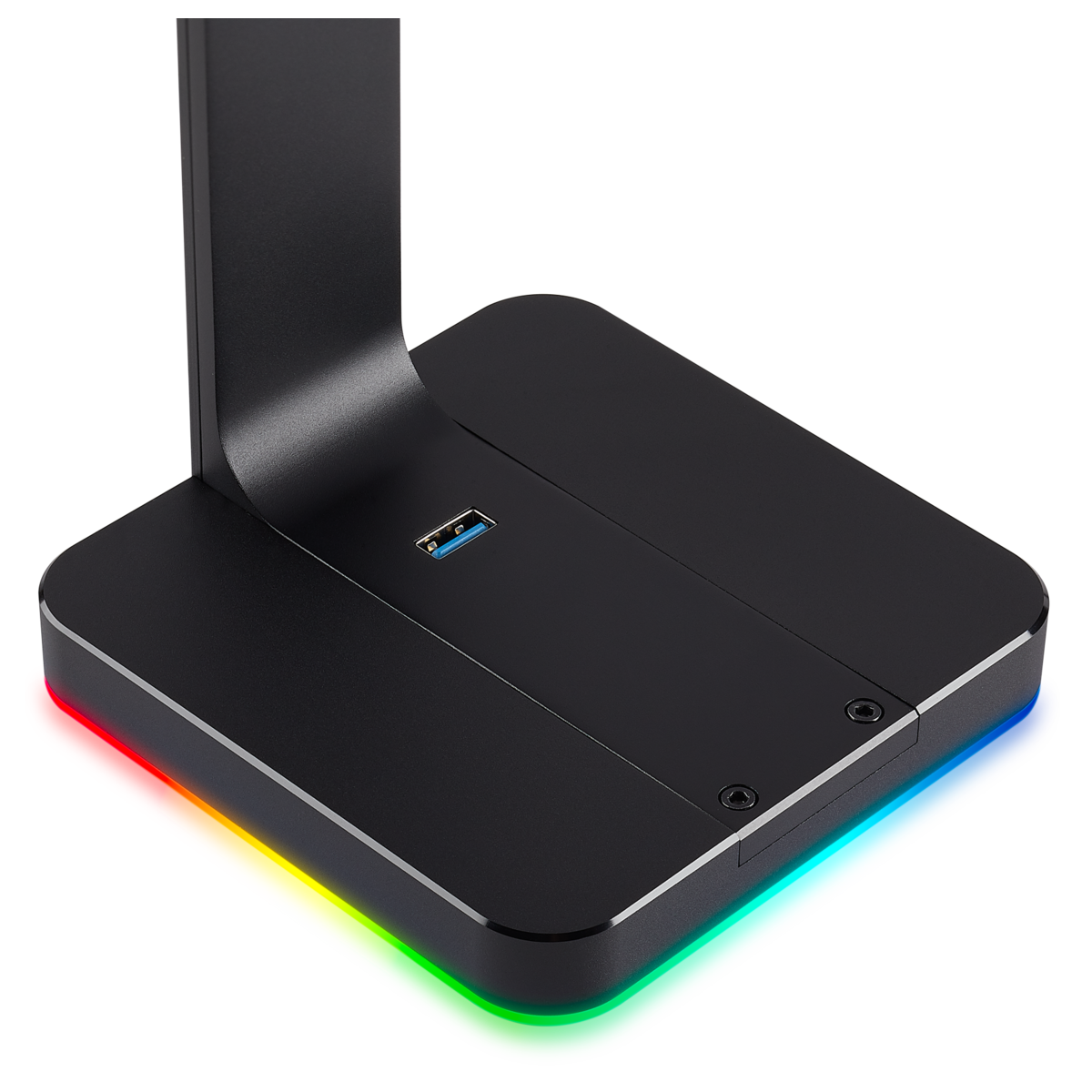 Black headphone stand with USB port and RGB lighting on the base.