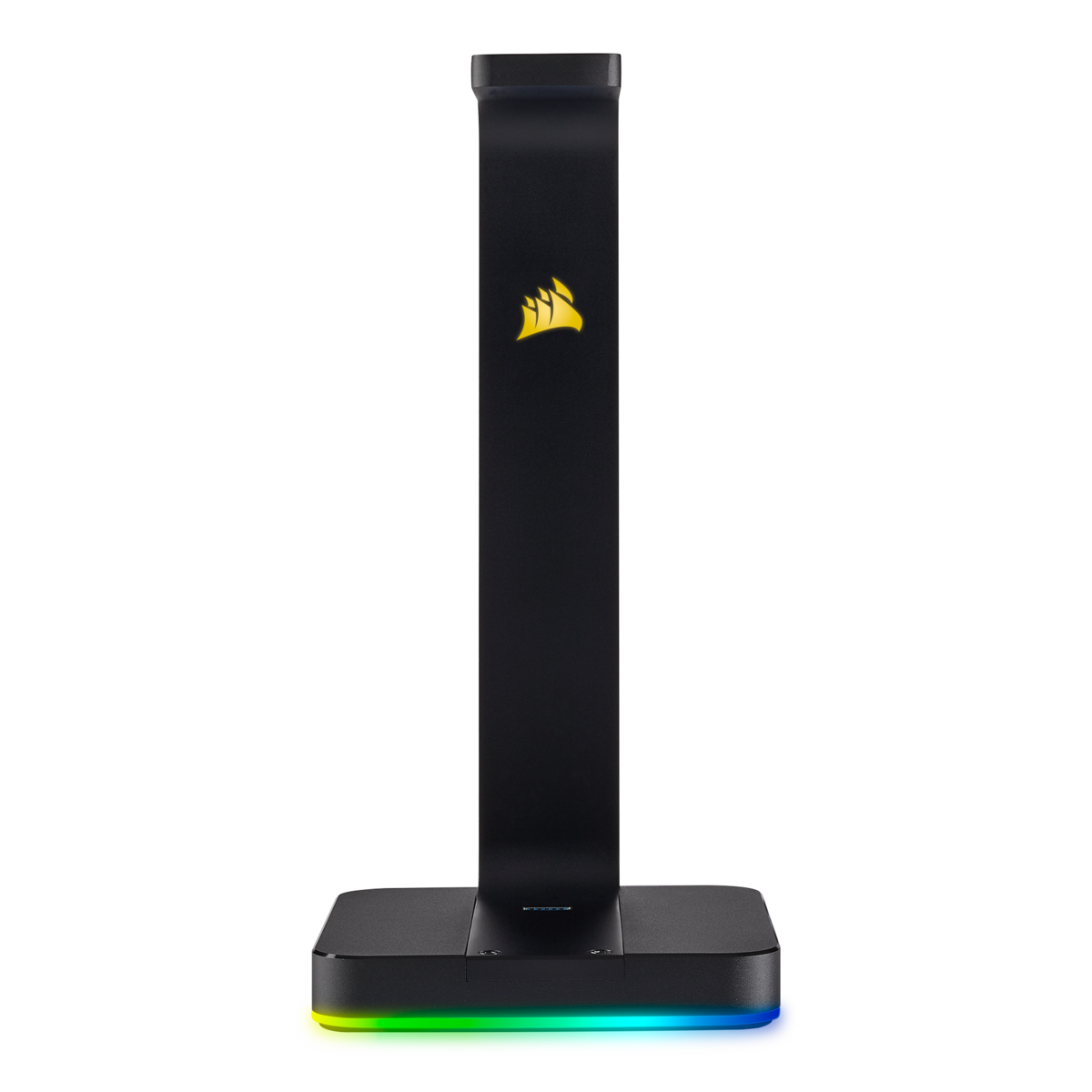 Black headphone stand with a Corsair logo, LED lights at the base.