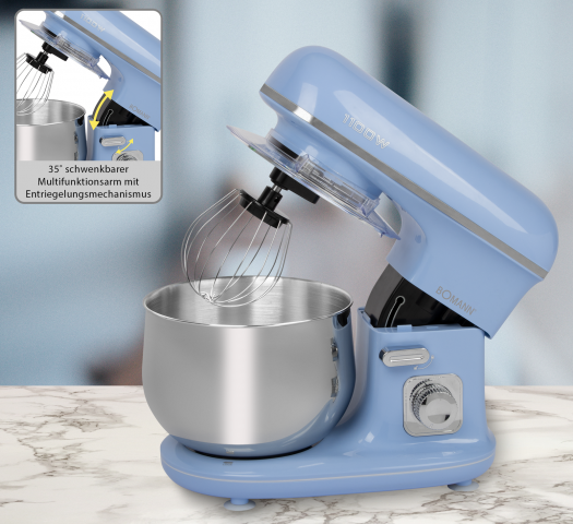 Blauer Küchenmixer mit Schüssel und Schneebesenaufsatz, auf Marmoroberfläche. Zusätzliches Bild.