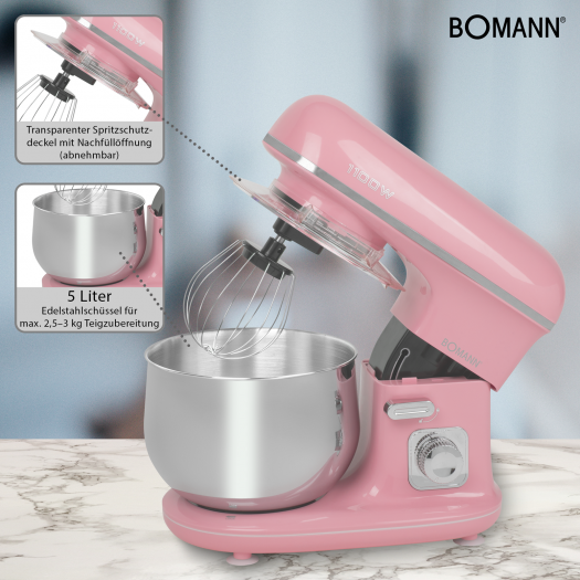 Rosa Bomann Küchenmixer mit Edelstahl-Schüssel und Details.
