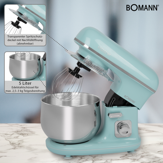 Blauer Bomann-Küchenmixer mit Edelstahlschüssel. Marmorhintergrund mit Text.